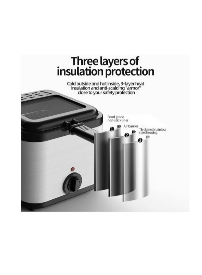 Denx Electric Deep Fryer 2.5L Tank Deep Fat Fryer with Viewing Window Temperature Up to 180°C Stainless Steel Chip Fryer Cold Zone Technology Removable Oil Basket Automatic Fryer 1000W - Image 2