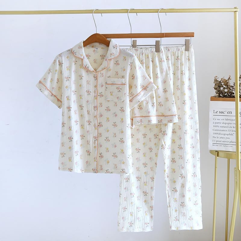 codcm Womens 3pcs Cotton Pajamas Set Short Sleeve Sleepwear Fruit Print Cute Pj Set with Long Pants(Flower03,Large) - Image 3