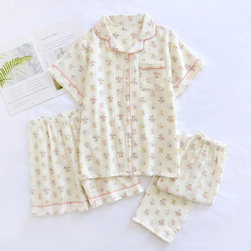 codcm Womens 3pcs Cotton Pajamas Set Short Sleeve Sleepwear Fruit Print Cute Pj Set with Long Pants(Flower03,Large) - Image 5