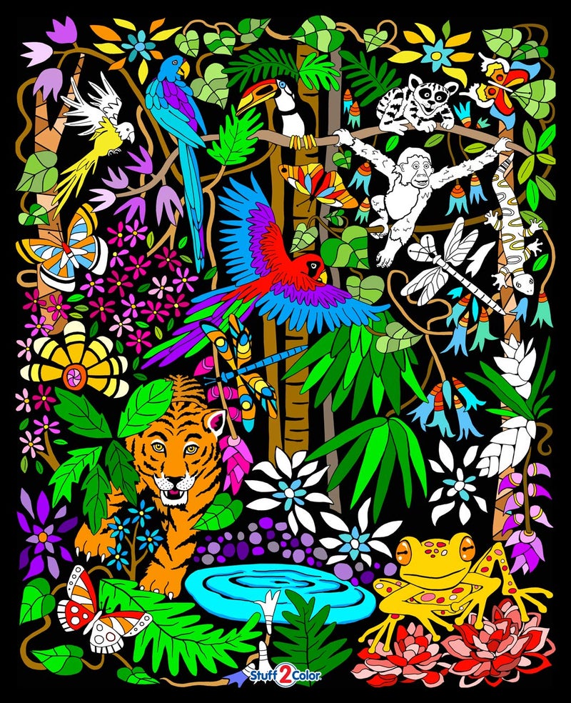 Stuff2Color Rainforest Velvet Coloring Poster - With Frogs, Monkeys, Birds and Tiger - For Kids, Toddlers, Girls, Boys and Adults (Arrives Uncolored) - Excellent Arts and Craft Activity for All Ages - Image 5