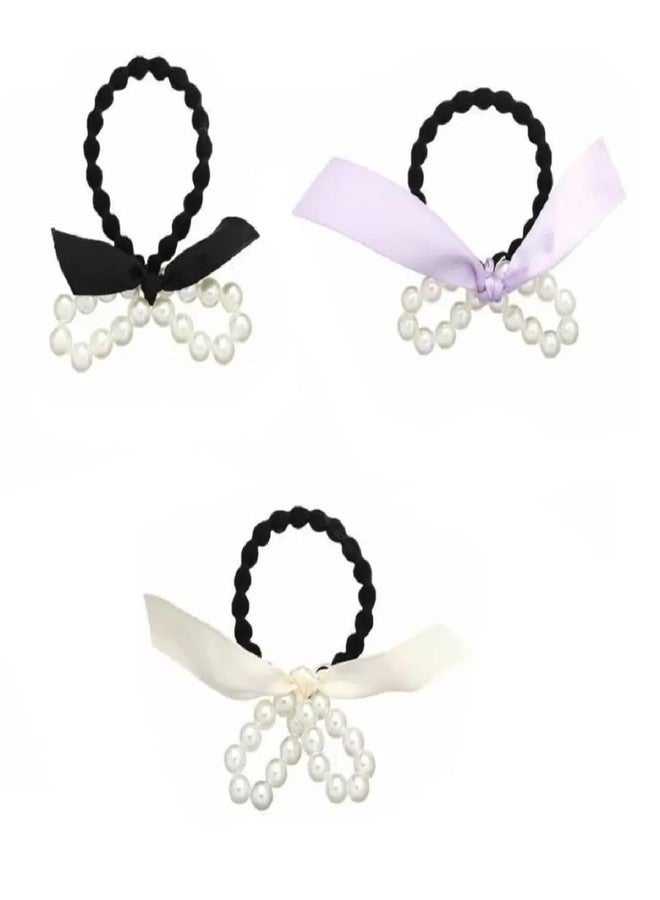 Fabula by OOMPH Jewellery Combo of 3 Black, White & Purple Satin Bow & Pearls RubberBand HairTie Ponytail Holder For Women & Girls Stylish Latest (HSSK104_AMR2) - Image 1
