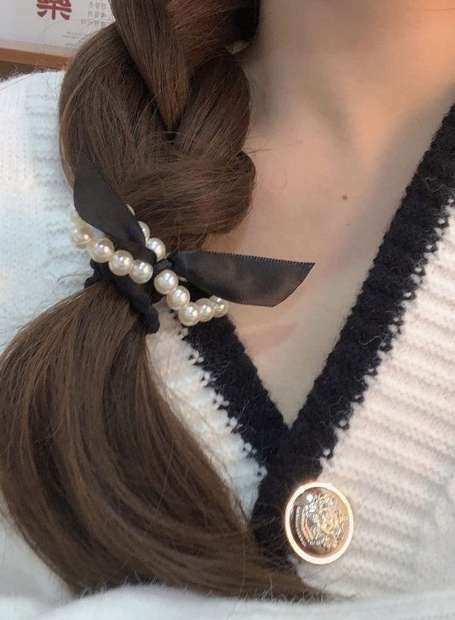 Fabula by OOMPH Jewellery Combo of 3 Black, White & Purple Satin Bow & Pearls RubberBand HairTie Ponytail Holder For Women & Girls Stylish Latest (HSSK104_AMR2) - Image 2
