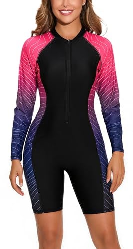 Halcurt Womens Boyleg One Piece Rash Guard with Built in Bra Zip Front UPF50 Long Sleeve Full Body Surfing Swimsuit Black Ombre Hot Pink Black 2XL - Image 1