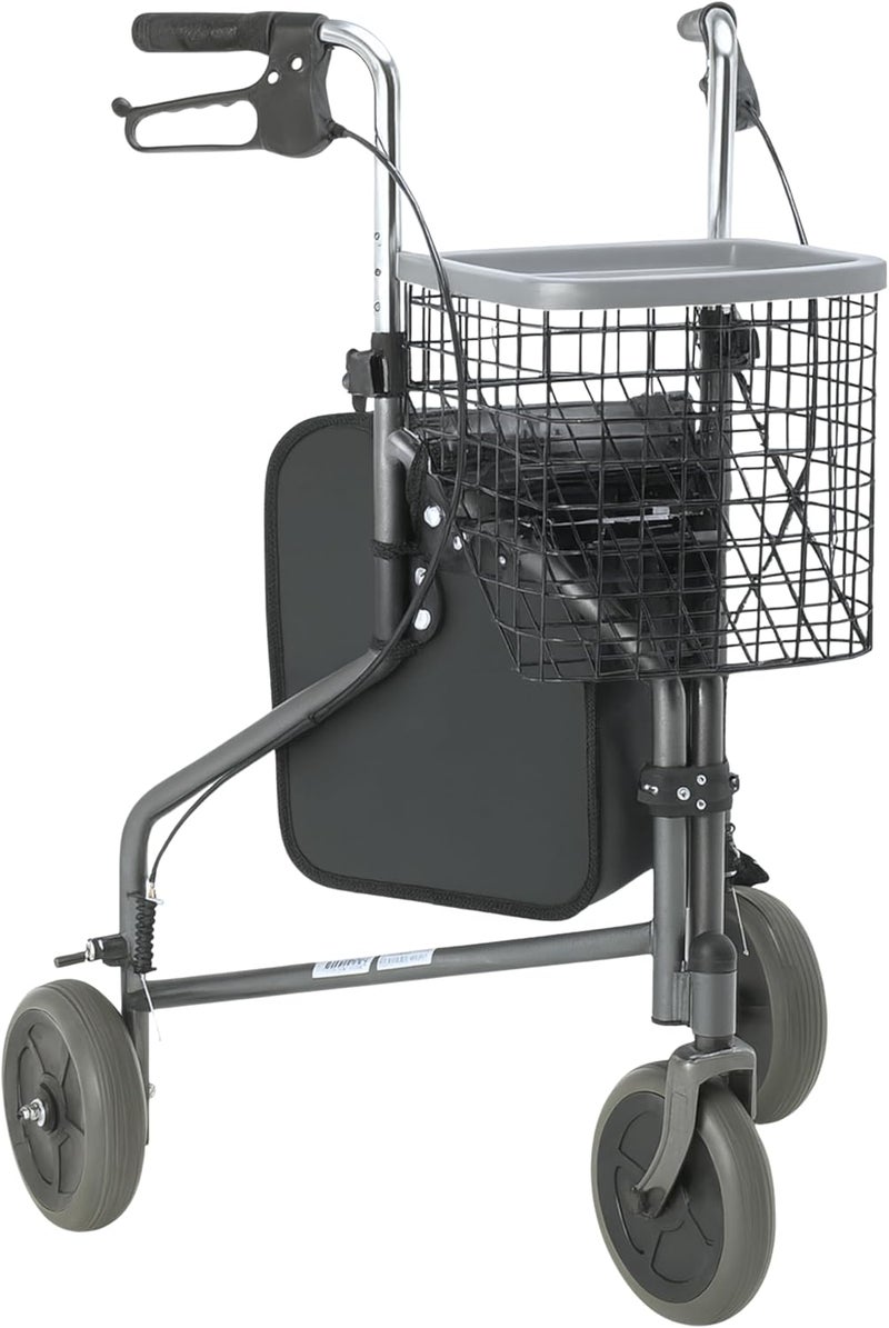 DAYS Folding Three Wheeled Rollator Walker Compact Mobility Aids with Adjustable Height Lightweight Steel Frame with Tray Basket Carry Bag Mobility Walkers Lockable Brakes Quartz Grey - Image 1