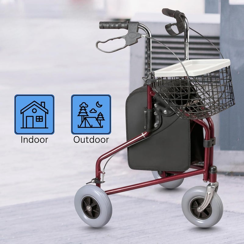 DAYS Folding Three Wheeled Rollator Walker Compact Mobility Aids with Adjustable Height Lightweight Steel Frame with Tray Basket Carry Bag Mobility Walkers Lockable Brakes Quartz Grey - Image 5