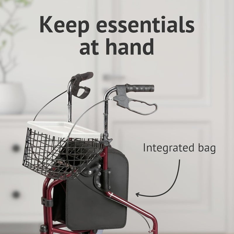 DAYS Folding Three Wheeled Rollator Walker Compact Mobility Aids with Adjustable Height Lightweight Steel Frame with Tray Basket Carry Bag Mobility Walkers Lockable Brakes Quartz Grey - Image 3