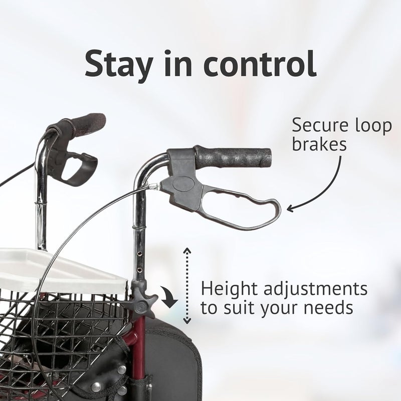 DAYS Folding Three Wheeled Rollator Walker Compact Mobility Aids with Adjustable Height Lightweight Steel Frame with Tray Basket Carry Bag Mobility Walkers Lockable Brakes Quartz Grey - Image 4