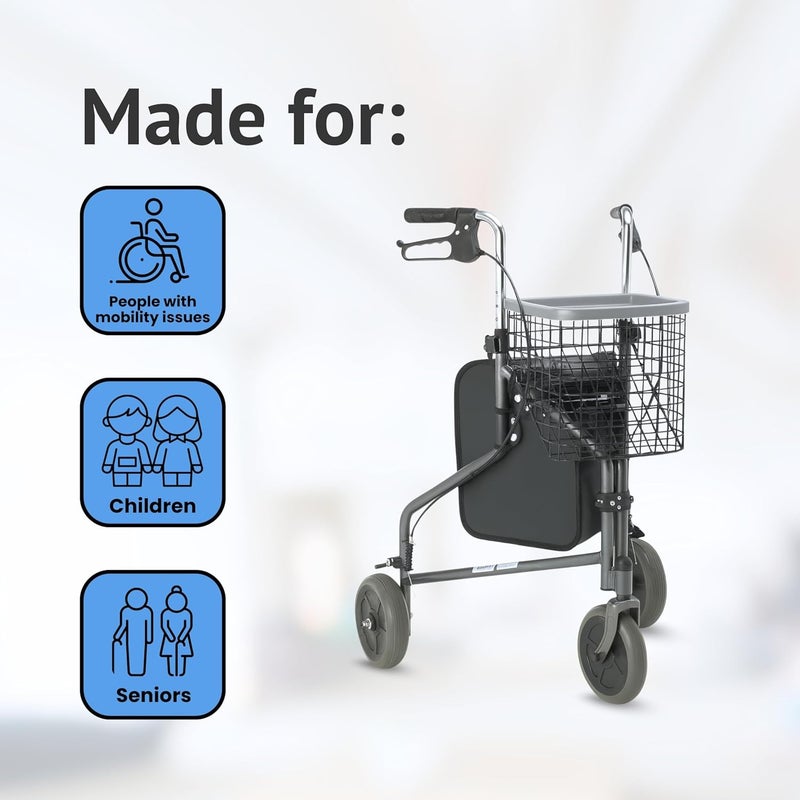 DAYS Folding Three Wheeled Rollator Walker Compact Mobility Aids with Adjustable Height Lightweight Steel Frame with Tray Basket Carry Bag Mobility Walkers Lockable Brakes Quartz Grey - Image 2