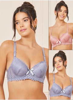 Pack of 2 - Padded Wired All Over Lace Scalloped Trim T-Shirt Bras