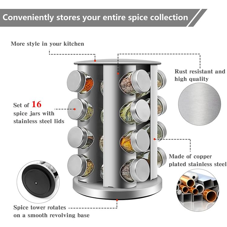Delavala Revolving Spice Tower Round Spice Rack Set of 16 Spice Jars Seasoning Storage Organization Stainless Steel Spice Rack - Image 4