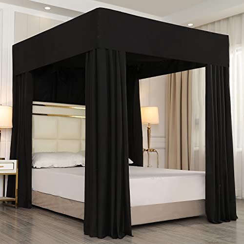 Mengersi Black Four Corner Post Bed Canopy Bed Curtains Sheer Canopy for Adults Girls Bedroom Decoration Lightproof Windproof Queen Black