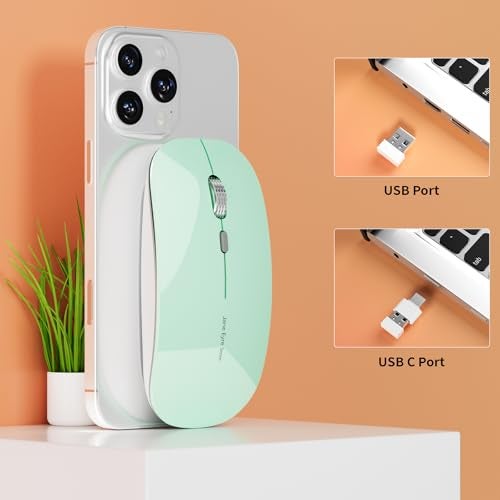 Uciefy Q5 Slim Rechargeable Wireless Mouse, 2.4G Portable Optical Silent Ultra Thin Wireless Computer Mouse with USB Receiver and Type C Adapter, Compatible with PC, Laptop, Desktop (Mint Green) - Image 2