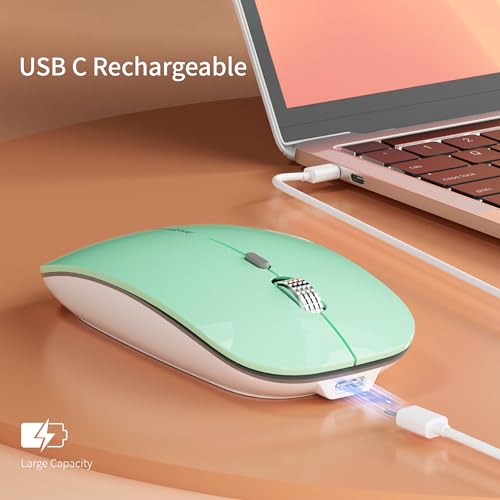 Uciefy Q5 Slim Rechargeable Wireless Mouse, 2.4G Portable Optical Silent Ultra Thin Wireless Computer Mouse with USB Receiver and Type C Adapter, Compatible with PC, Laptop, Desktop (Mint Green) - Image 3