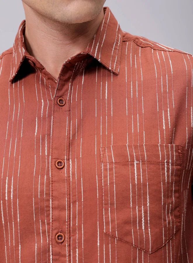 The Indian Garage Co Men Slim Fit Striped Full Sleeves Cutaway Collar Casual Shirt