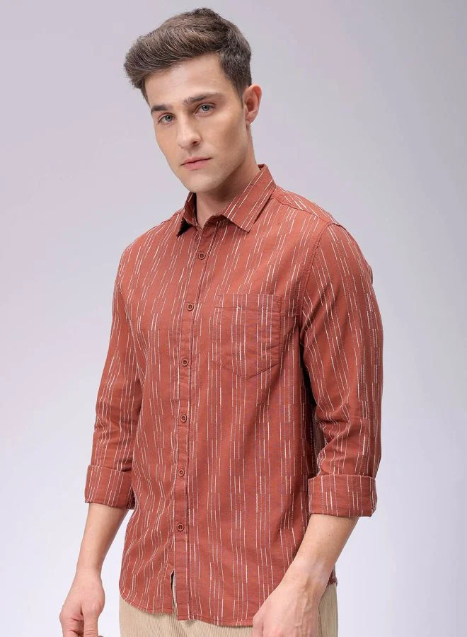 The Indian Garage Co Men Slim Fit Striped Full Sleeves Cutaway Collar Casual Shirt