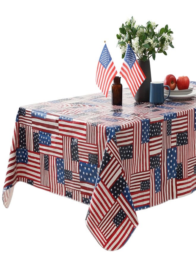Newbridge American Flag Collage White Vinyl Tablecloth with Flannel Backing, Patriotic Stars and Stripes Patchwork Print, Easy Care Wipe Clean Indoor Outdoor Table Cover, 52 x 70 Inch Rectangle - Image 1