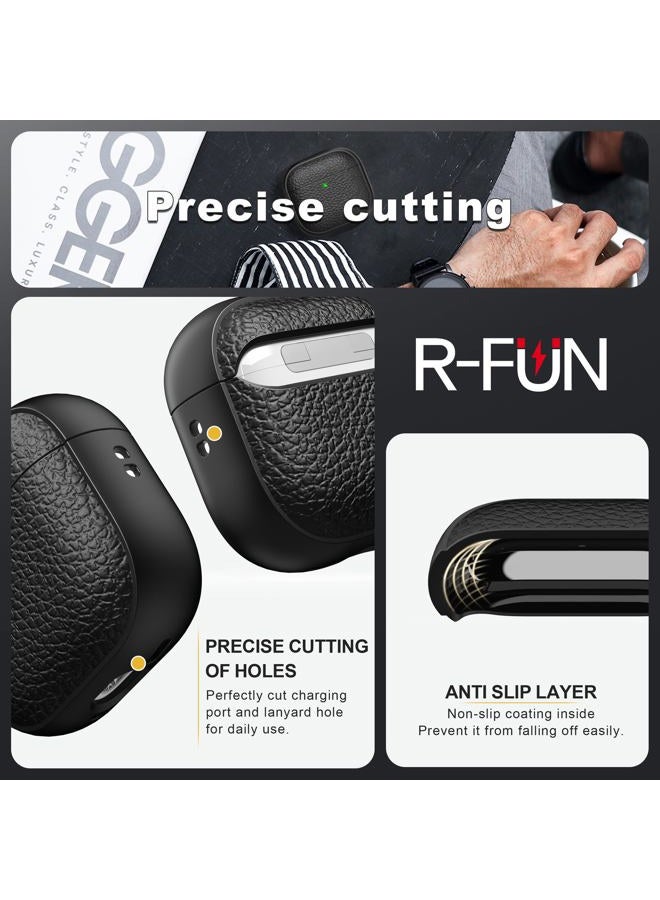 R-fun غطاء لجهاز Airpods الجيل الرابع، تصميم TPU ناعم (مثل الجلد) لحماية من السقوط للرجال والنساء مع حبل ومجموعة تنظيف، متوافق مع أحدث Airpods الجيل الرابع من Apple (USB-C) (2024) - أسود - Image 3
