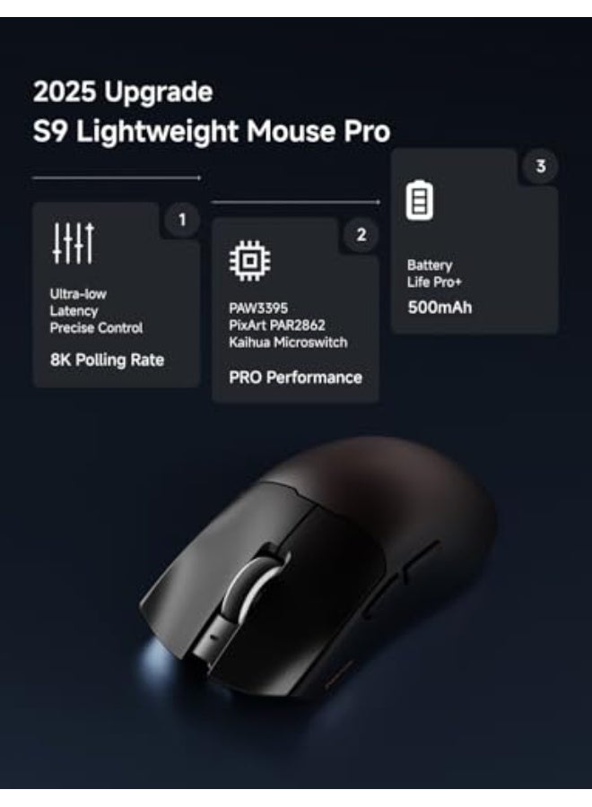 Eweadn S9 Pro Wireless Gaming Mouse, 59G Ergonomic Computer Mouse, Triple Modes, 8K Polling, 26K DPI, PAW3395 Optical Sensor, Kailh Switch, 250h Battery Life, Programmable for PC/Win/Mac(Black) - Image 2