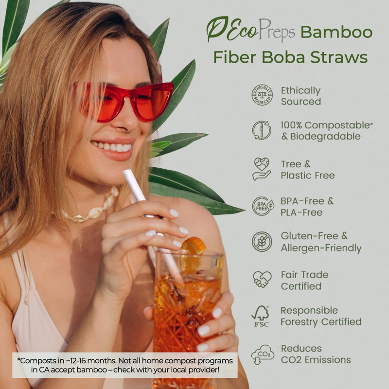 EcoPreps Biodegradable Jumbo Smoothie Straws, Bamboo Fiber Boba Straws - 50 PCS, Extra Wide, 100% Compostable, Plastic-Free, Eco-Friendly Large Wide-Mouthed Straw - 8.25" Long Bamboo Disposable Straw - Image 2