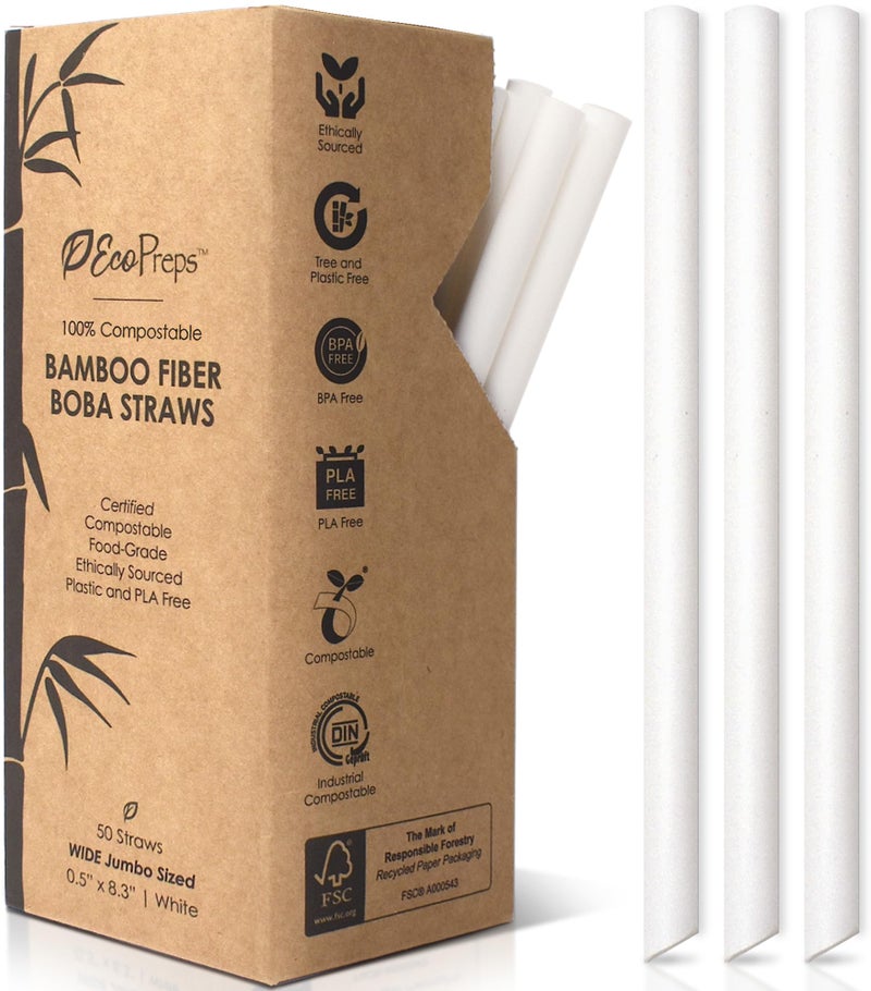 EcoPreps Biodegradable Jumbo Smoothie Straws, Bamboo Fiber Boba Straws - 50 PCS, Extra Wide, 100% Compostable, Plastic-Free, Eco-Friendly Large Wide-Mouthed Straw - 8.25" Long Bamboo Disposable Straw - Image 1