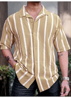Maniac Mens Striped Collared Neck 3/4th Sleeve Beige Popcorn Knitted Shirt  - Image 3