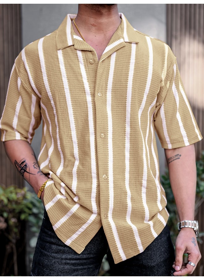 Maniac Mens Striped Collared Neck 3/4th Sleeve Beige Popcorn Knitted Shirt  - Image 3