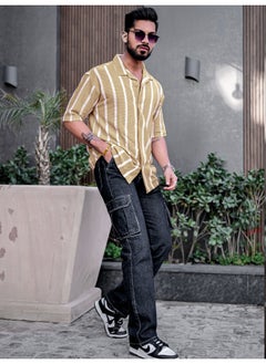 Maniac Mens Striped Collared Neck 3/4th Sleeve Beige Popcorn Knitted Shirt  - Image 4