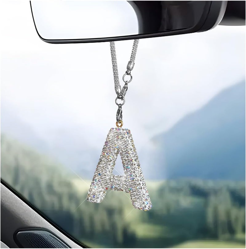 DXNQ Bling Initial Car Rear View Mirror Ornament, Crystal Sparkling Cute Letter Charm Pendant Auto Decor, Hanging Lucky Diamond Initial Charm Car Mirror Bag Ornament for Girl Women (Letter A) - Image 1