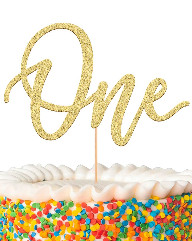 AHAORAY MYAMPED First Birthday Cake Topper - Glitter Gold One Sign 1st birthday Cake Decorating Supplies, Suitable for Baby Shower Favors, Gender Reveal, Baby Birthday Party or Baby Photo Booth Props - Image 1