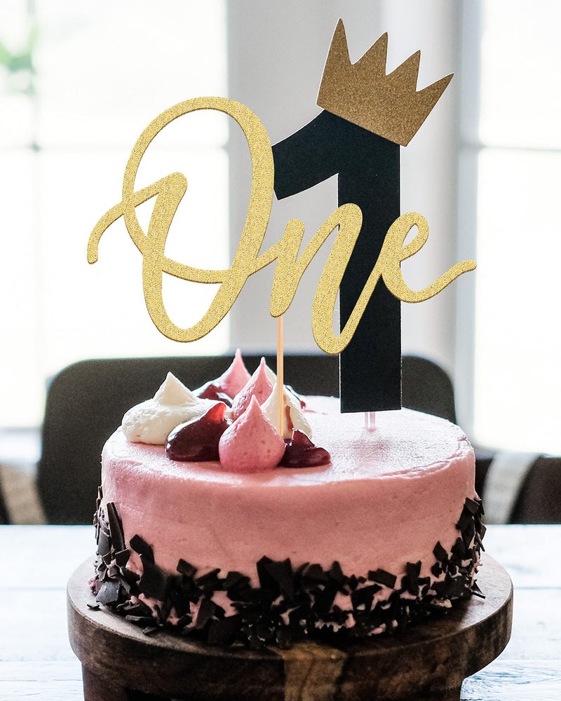 AHAORAY MYAMPED First Birthday Cake Topper - Glitter Gold One Sign 1st birthday Cake Decorating Supplies, Suitable for Baby Shower Favors, Gender Reveal, Baby Birthday Party or Baby Photo Booth Props - Image 2