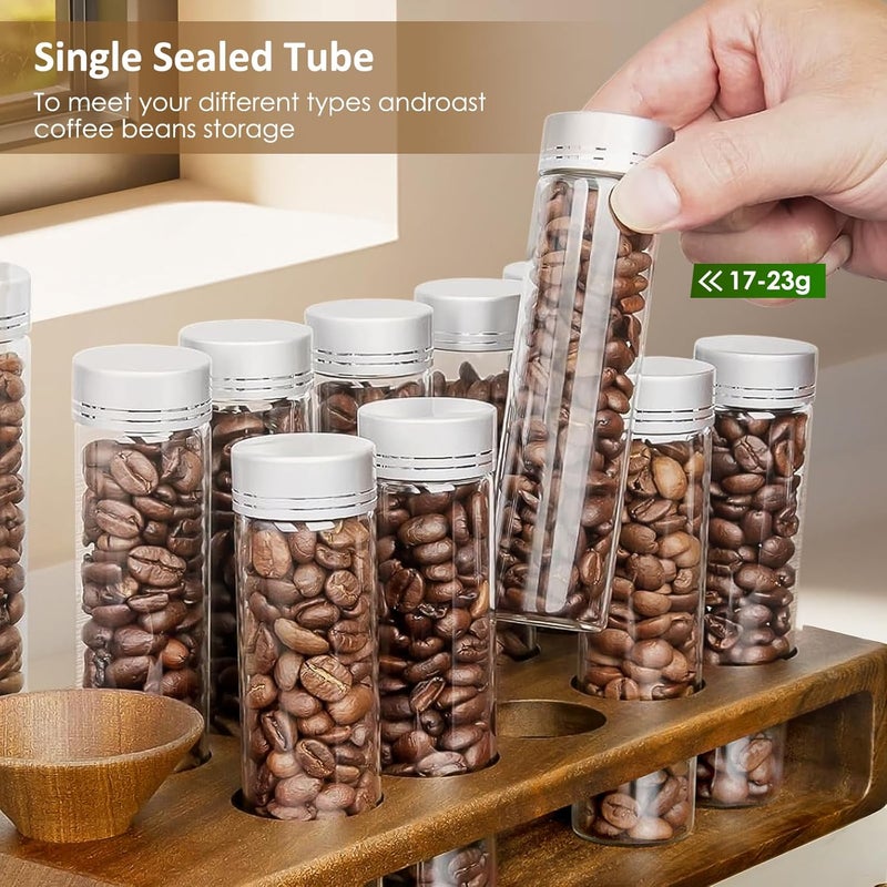 YMWVH Single Dose Coffee Bean Storage Tubes 12 Pcs Coffee Bean Cellar Container Dosing Glass Vials,2oz Glass Jars With Lids, 2 Layers Sapele Display Stand And Wooden Funnel(Large) - Image 4