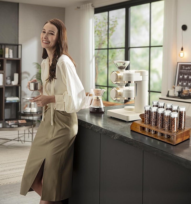 YMWVH Single Dose Coffee Bean Storage Tubes 12 Pcs Coffee Bean Cellar Container Dosing Glass Vials,2oz Glass Jars With Lids, 2 Layers Sapele Display Stand And Wooden Funnel(Large) - Image 5