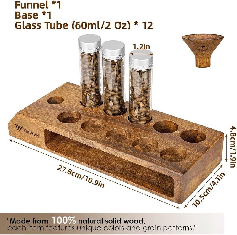 YMWVH Single Dose Coffee Bean Storage Tubes 12 Pcs Coffee Bean Cellar Container Dosing Glass Vials,2oz Glass Jars With Lids, 2 Layers Sapele Display Stand And Wooden Funnel(Large) - Image 2
