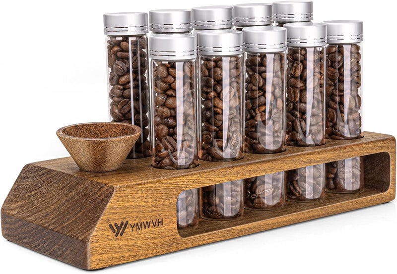 YMWVH Single Dose Coffee Bean Storage Tubes 12 Pcs Coffee Bean Cellar Container Dosing Glass Vials,2oz Glass Jars With Lids, 2 Layers Sapele Display Stand And Wooden Funnel(Large) - Image 1