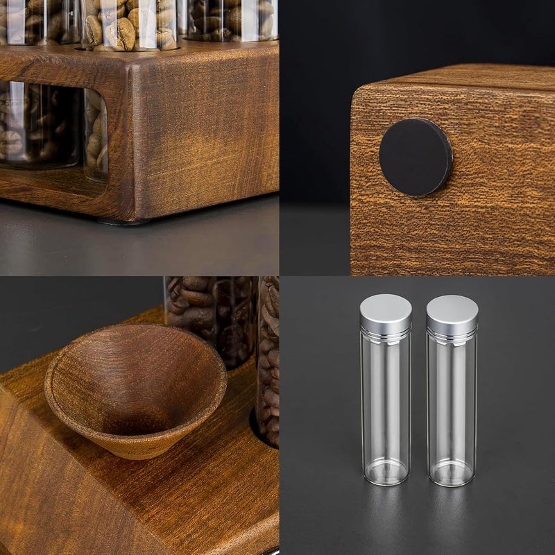 YMWVH Single Dose Coffee Bean Storage Tubes 12 Pcs Coffee Bean Cellar Container Dosing Glass Vials,2oz Glass Jars With Lids, 2 Layers Sapele Display Stand And Wooden Funnel(Large) - Image 3