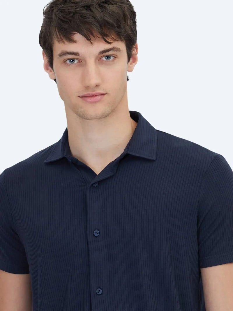 Kip Navy Blue Patterned Regular Fit Knitting Casual Shirt - Image 5