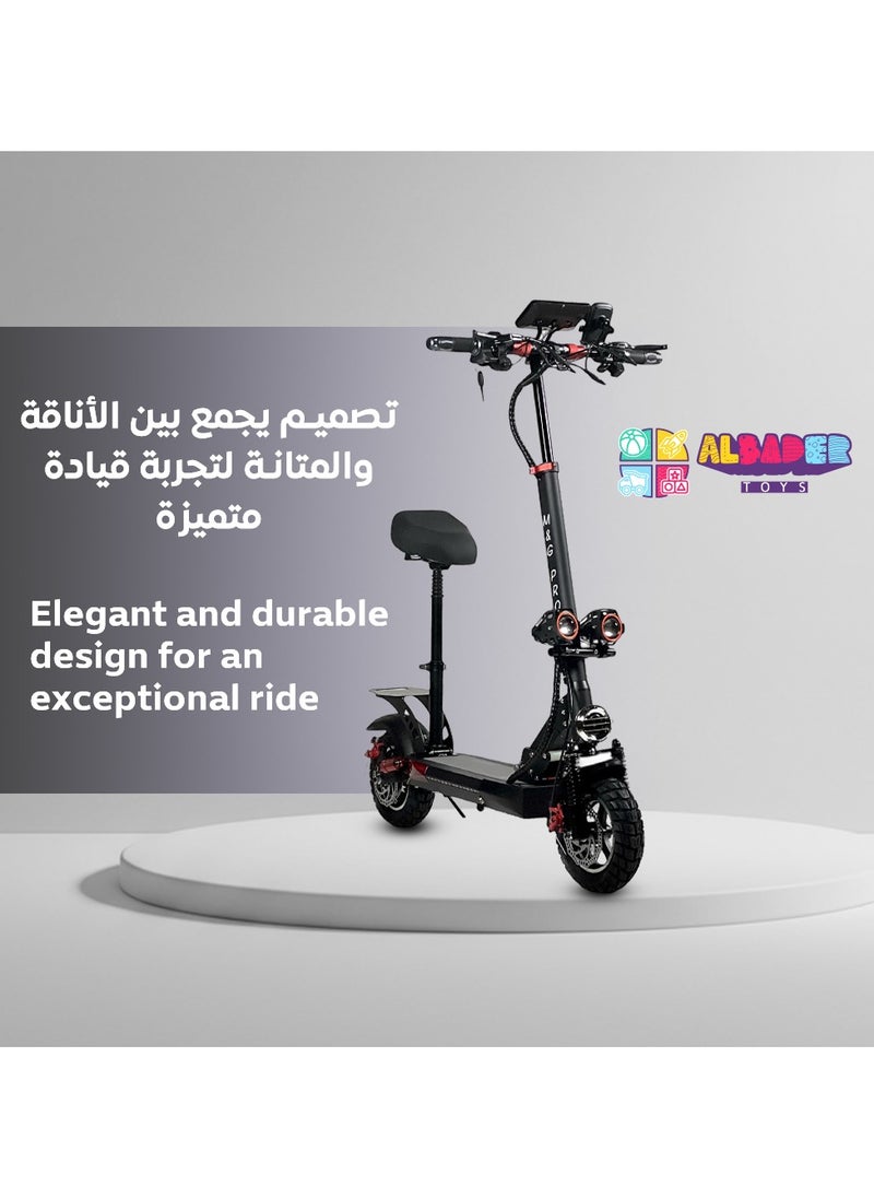 البدر سكوتر كهربائي V29 برو من البدر  بسرعة 50كم/ساعة ولمسافة 35 كم 48 فولت (15Ah) بطارية 800 واط, قابل للطي مع مقعد واطارات مقاس 10 انش, نظام تعليق مزدوج, سكوتر دفع كهربائي مع إضاءة مميزة  - Image 2