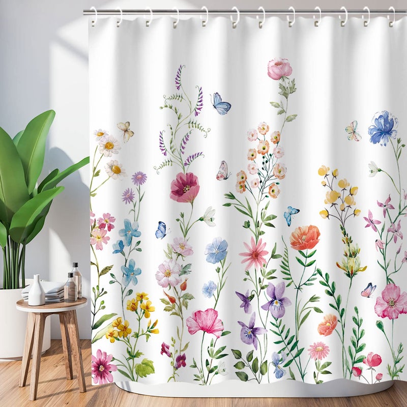LIVILAN Floral Shower Curtain for Bathroom  Watercolor Plant Design with 12 Hooks Pretty Wildflower Pattern Decorative Machine Washable 72 W x 72 H