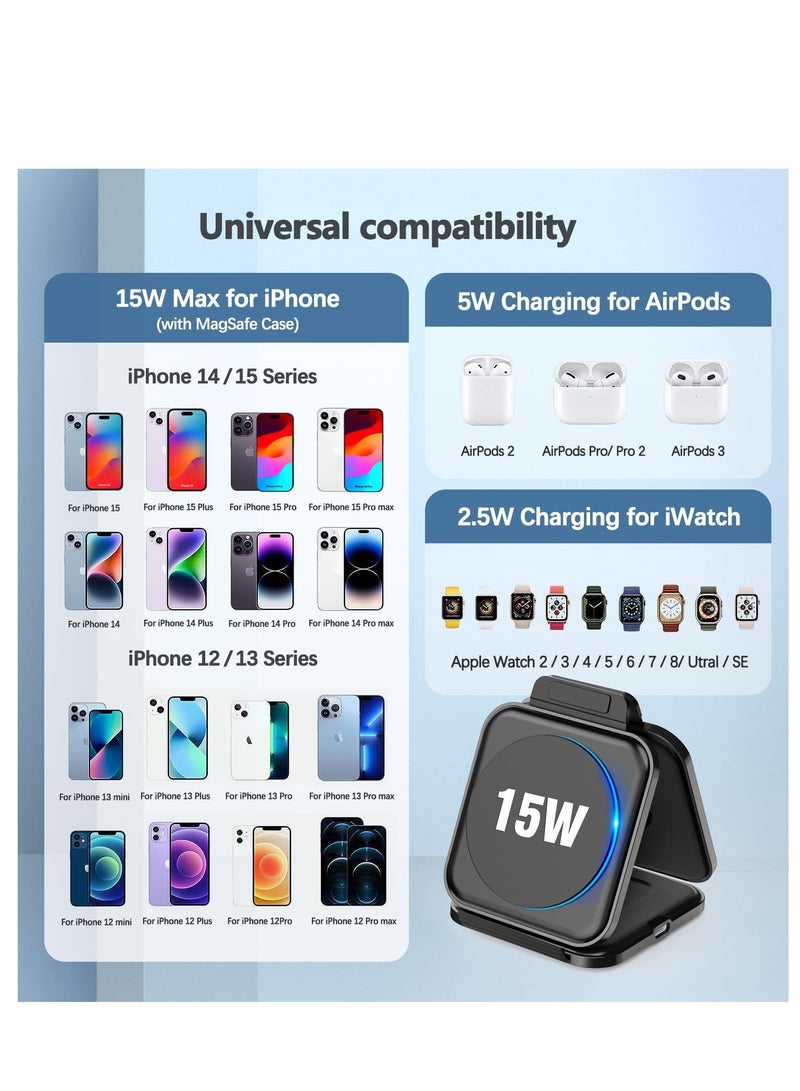 SYOSI 3-in-1 Charging Station for Apple Devices, Foldable Mag-Safe Charger Travel Charging Station All-in-One Charger for iPhone 15 14 13 12 Pro/Pro Max/Plus/Mini AirPods 2/3/Pro iWatch Ultra/8/7/SE/6/5/4/3 - Image 2
