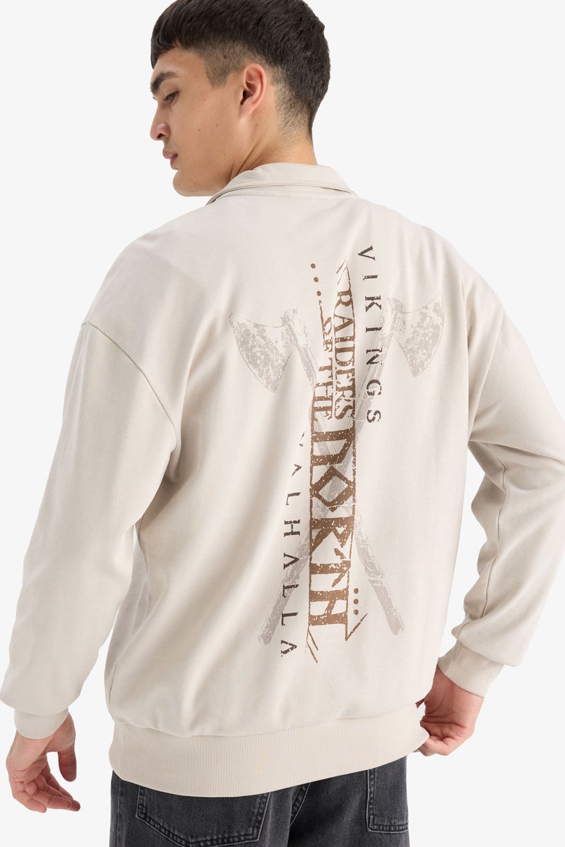 DeFacto Beige Man Boxy Fit Vikings Valhalla Printed Long Sleeve Sweatshirt Casual - Image 1