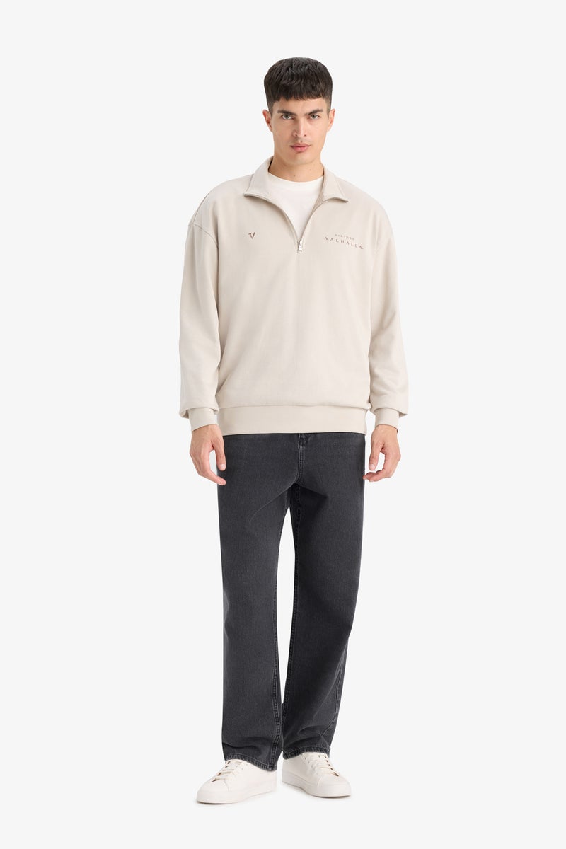 DeFacto Beige Man Boxy Fit Vikings Valhalla Printed Long Sleeve Sweatshirt Casual - Image 2