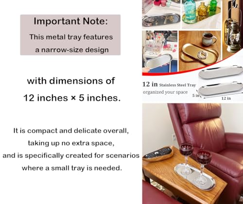 Fermus Stainless Steel Decorative Tray, Set of 2, 12 Inch Long, Jewelry Dish Cosmetics Organizer Bathroom Clutter Serving Platter Small Storage Tray, Oval, Gold - Image 2