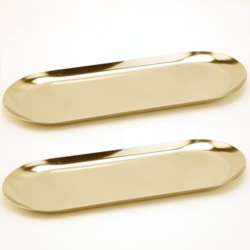 Fermus Stainless Steel Decorative Tray, Set of 2, 12 Inch Long, Jewelry Dish Cosmetics Organizer Bathroom Clutter Serving Platter Small Storage Tray, Oval, Gold - Image 1