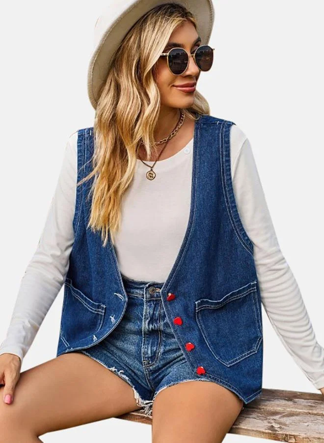 يونيكي Blue V Neck Sleeveless Denim Jacket