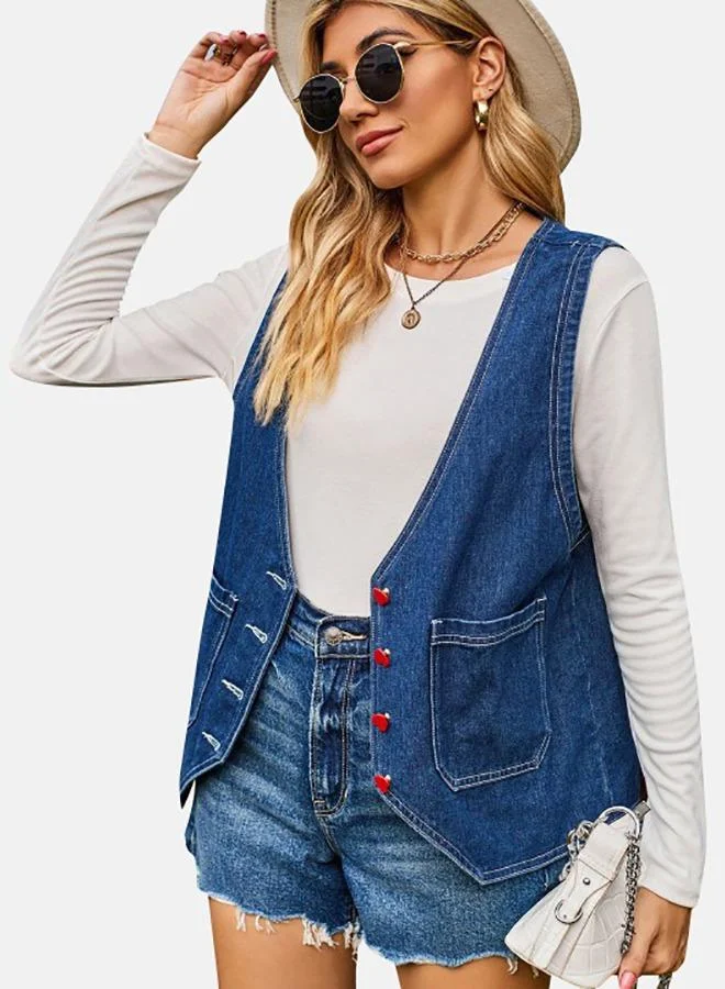 يونيكي Blue V Neck Sleeveless Denim Jacket