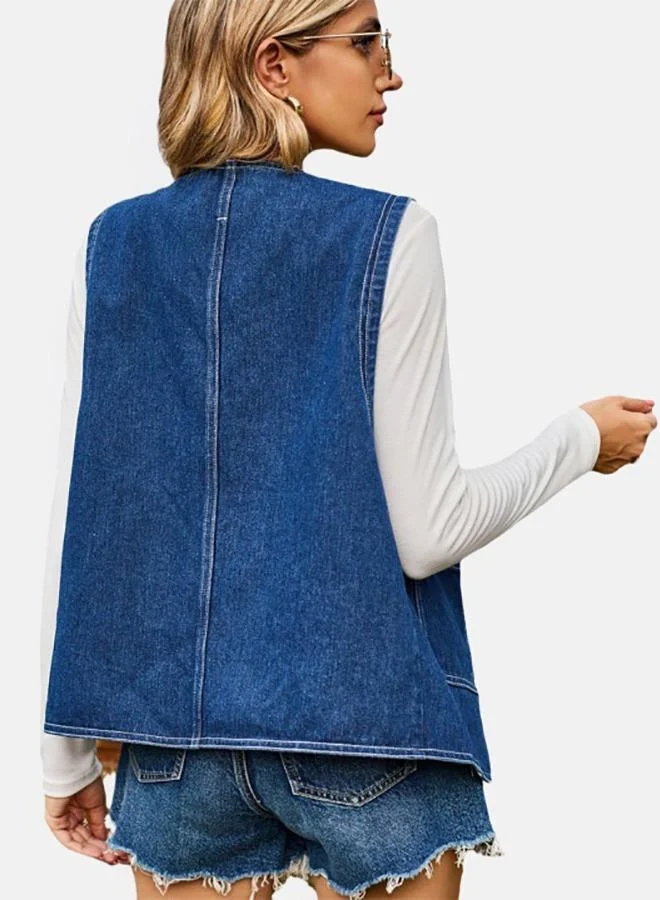 يونيكي Blue V Neck Sleeveless Denim Jacket