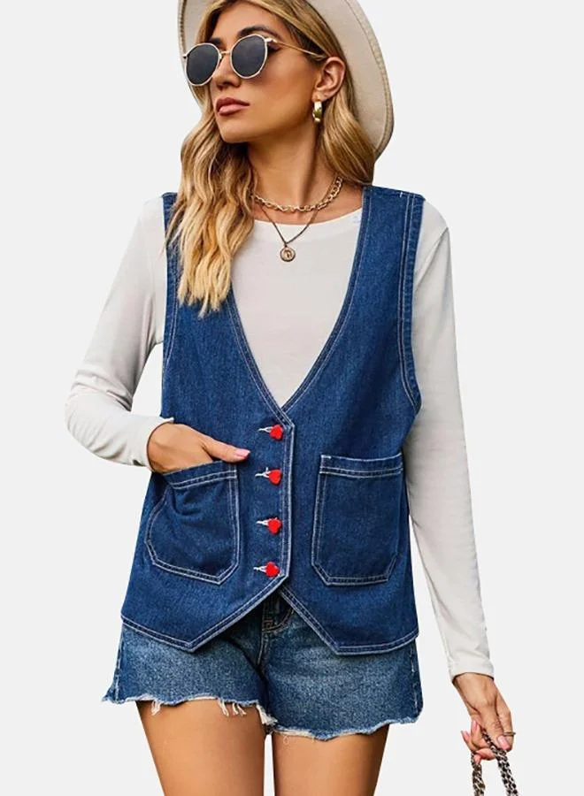 يونيكي Blue V Neck Sleeveless Denim Jacket