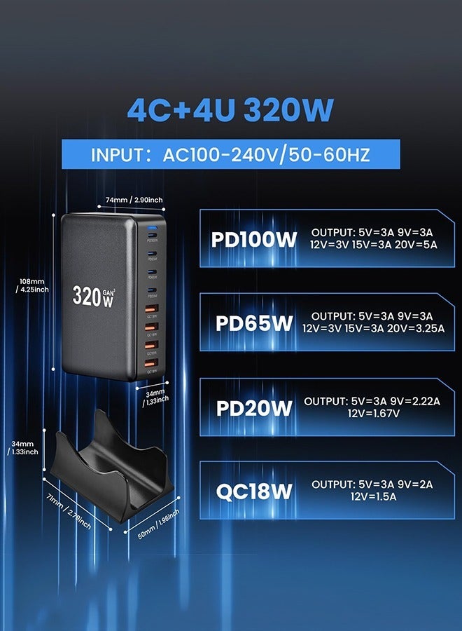 320W GaN Charger USB C Fast Desktop 8-port USB Type C PD Charger Fast Charge 3.0 USB Type C Fast Charger for iPhone15 14 Samsung - Image 4