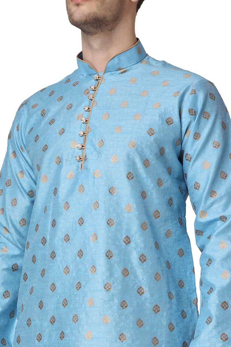 Royal Kurta Men's Turquoise Blue Jacquard Silk Printed Kurta (Size-40) - Image 4