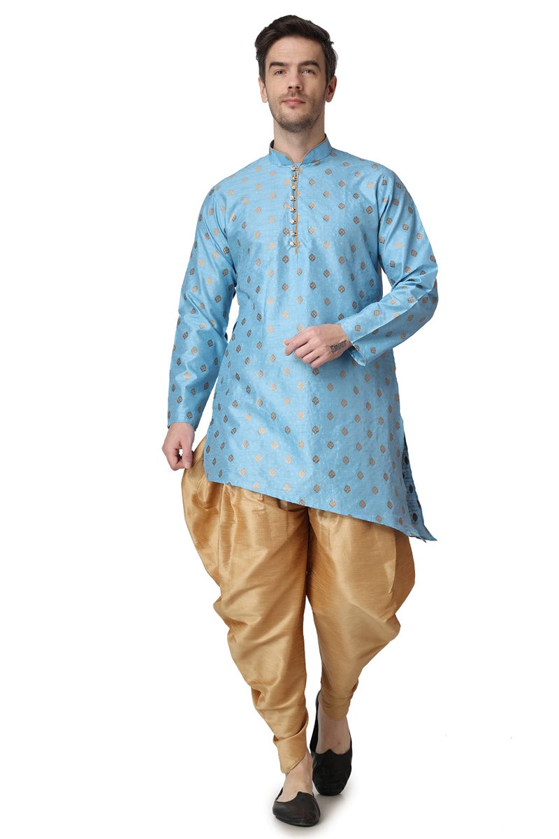 Royal Kurta Men's Turquoise Blue Jacquard Silk Printed Kurta (Size-40) - Image 1